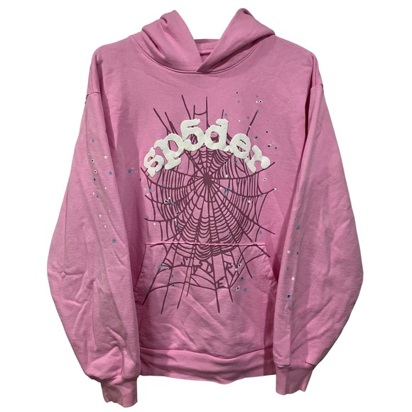 Sp5der Graphic Hoodie Pullover Spiderweb Print Pink Cotton Blend Size M - Picture 1 of 9